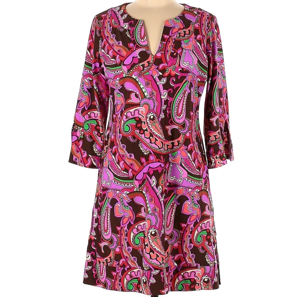 JUDE CONNALLY Megan Tunic Shift Dress M Pink Brown Paisley 3/4 Sleeve